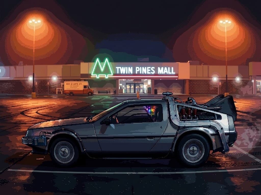 Pixel art of the DeLorean time machine parked at night in front of the Twin Pines Mall.
